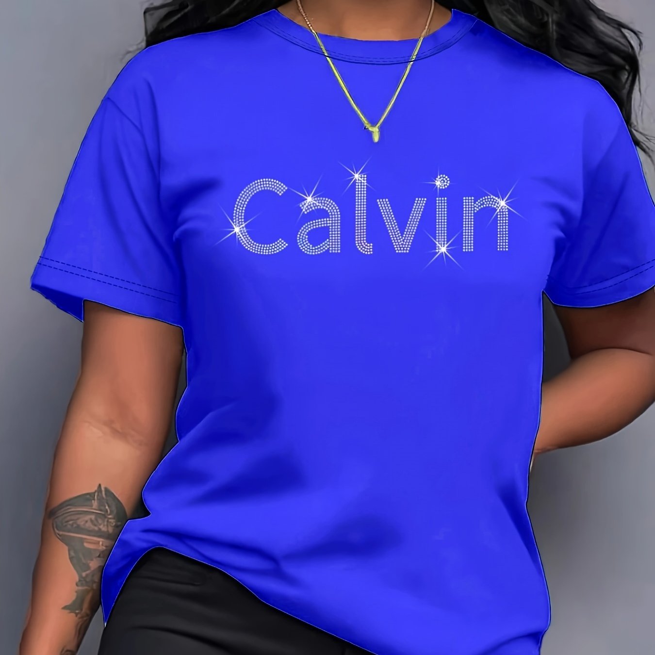 Plus Size Women's Glitter Graphic T-Shirt Black Short Sleeve Casual Top