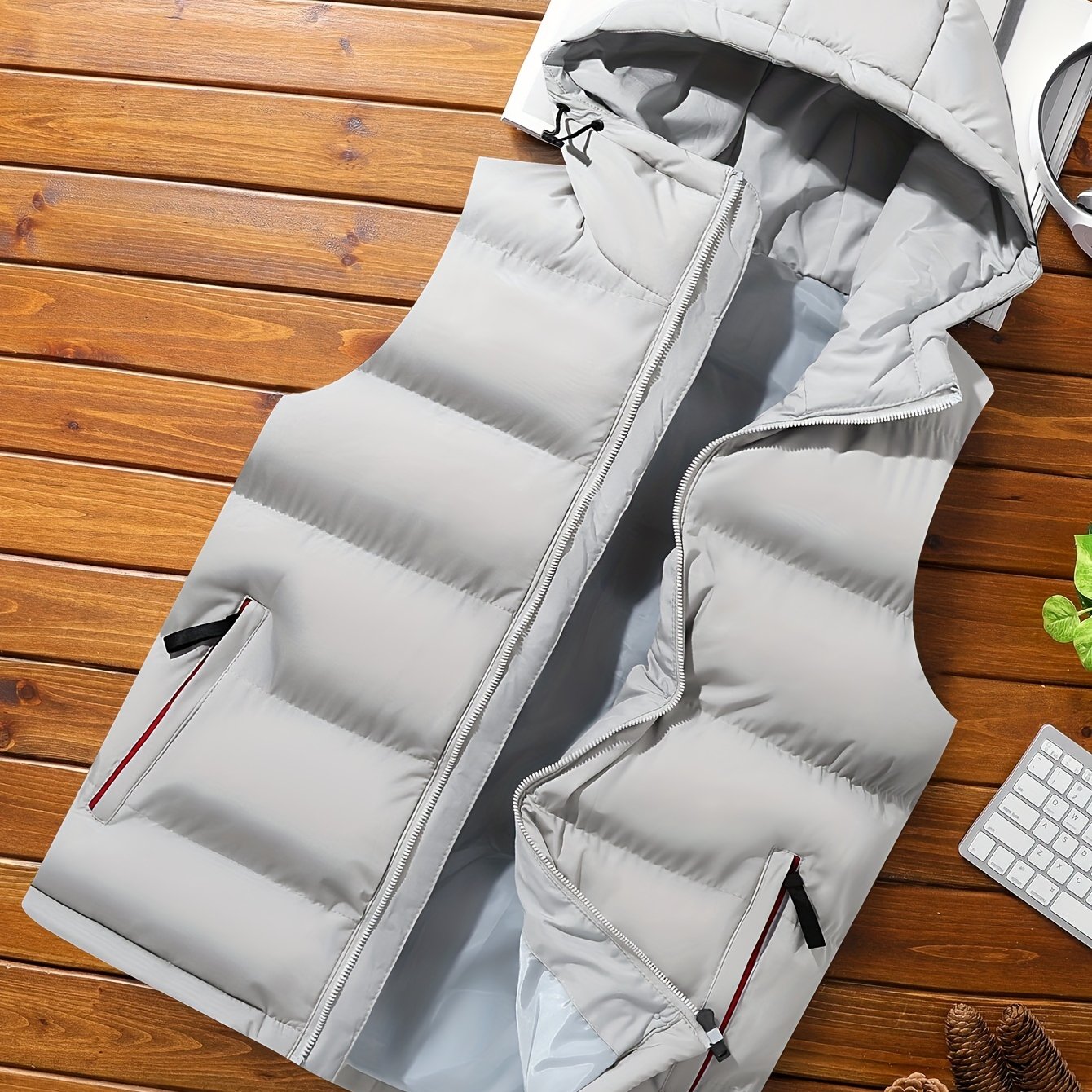 Erkaklar uchun zaytun yashil kapüşonli jilet, fermuarlı cho'ntaklar bilan, yengsiz, mashinada yuvish mumkin bo'lgan polyester, kuz/qish uchun ideal.