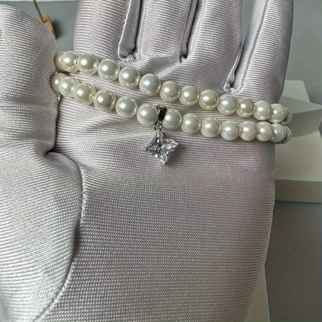 Princess Cut Pendant Necklace with Natural Pearl Beads and Moissanite in Sterling Silver and Gold Plating