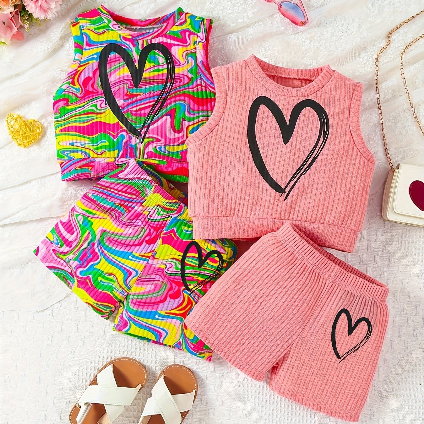Girls Summer Outfit Set 4 Pieces Heart Print Tank Top and Shorts Polyester Knit Casual
