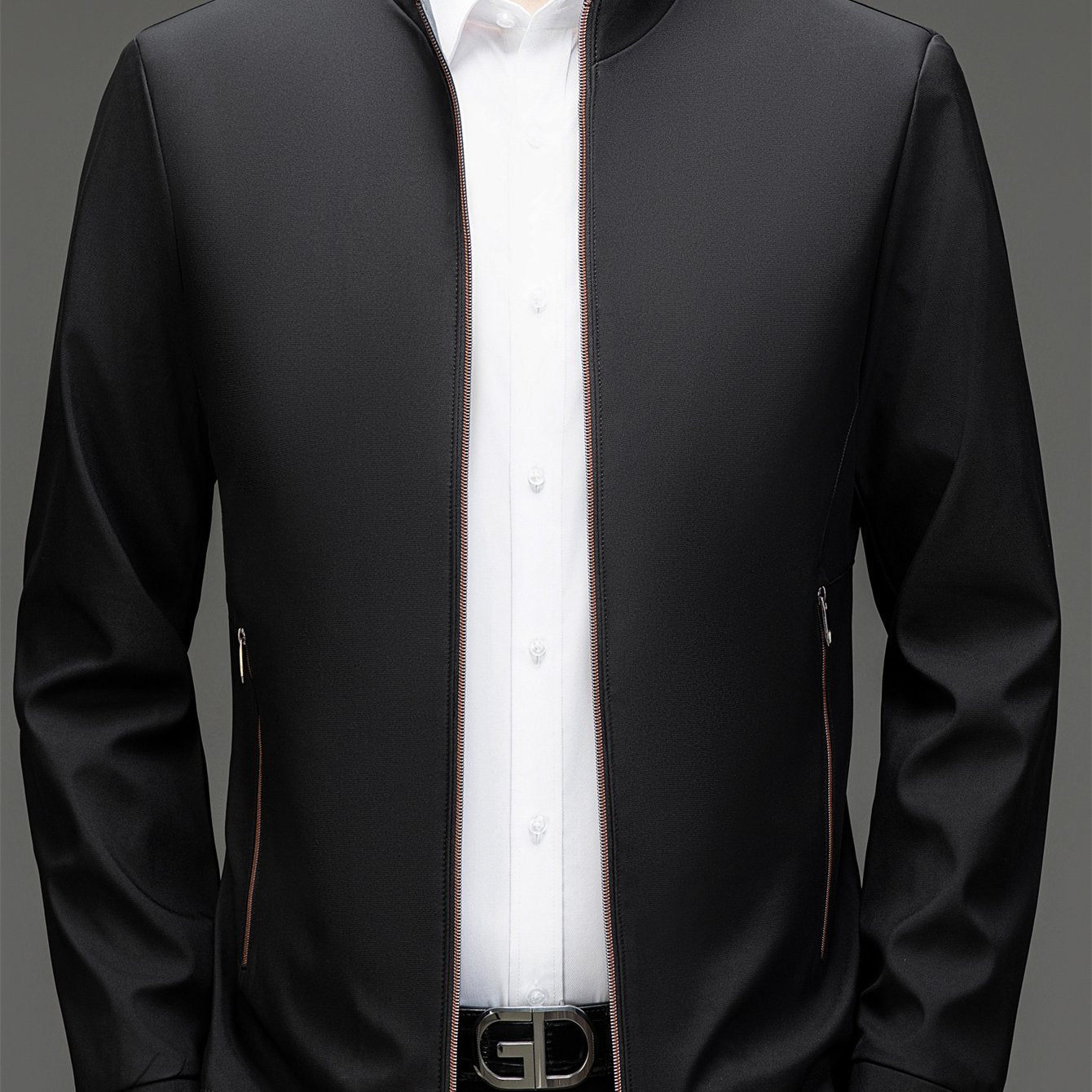 Erkaklar uchun bo'sh, mustahkam jakkardagi fermuarlik cho'ntaklar, rasmiy turli xil yelka, fermuarlik uzun yengli tashqi kiyim.