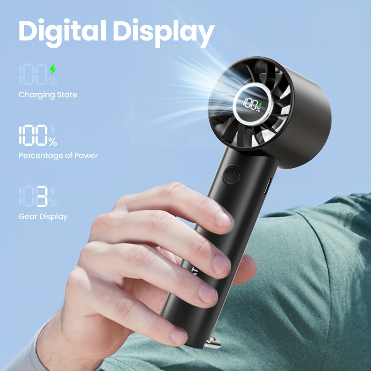 Rechargeable Mini Fan with LED Display and Flashlight Portable Handheld Fan for Travel Black