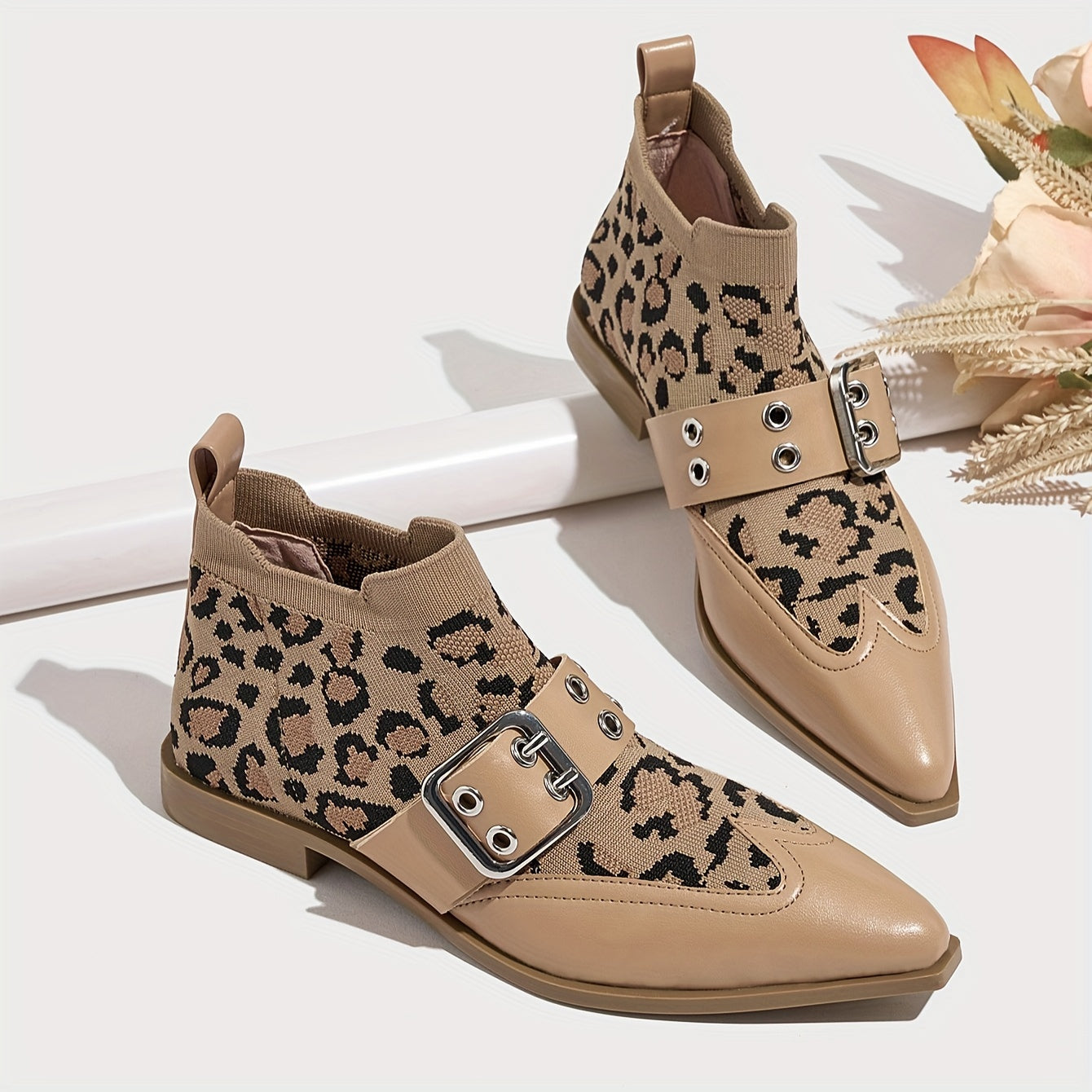 Women's Stretch Slip-On Ankle Booties with Buckle Flat Heel Pointed Toe