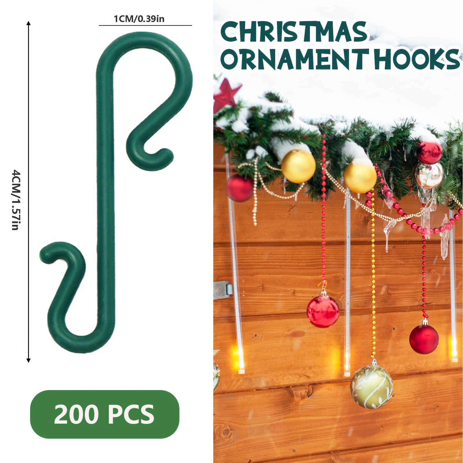 100/200 Pcs Reusable Green Plastic Christmas Ornament Hooks for Lights and Decorations