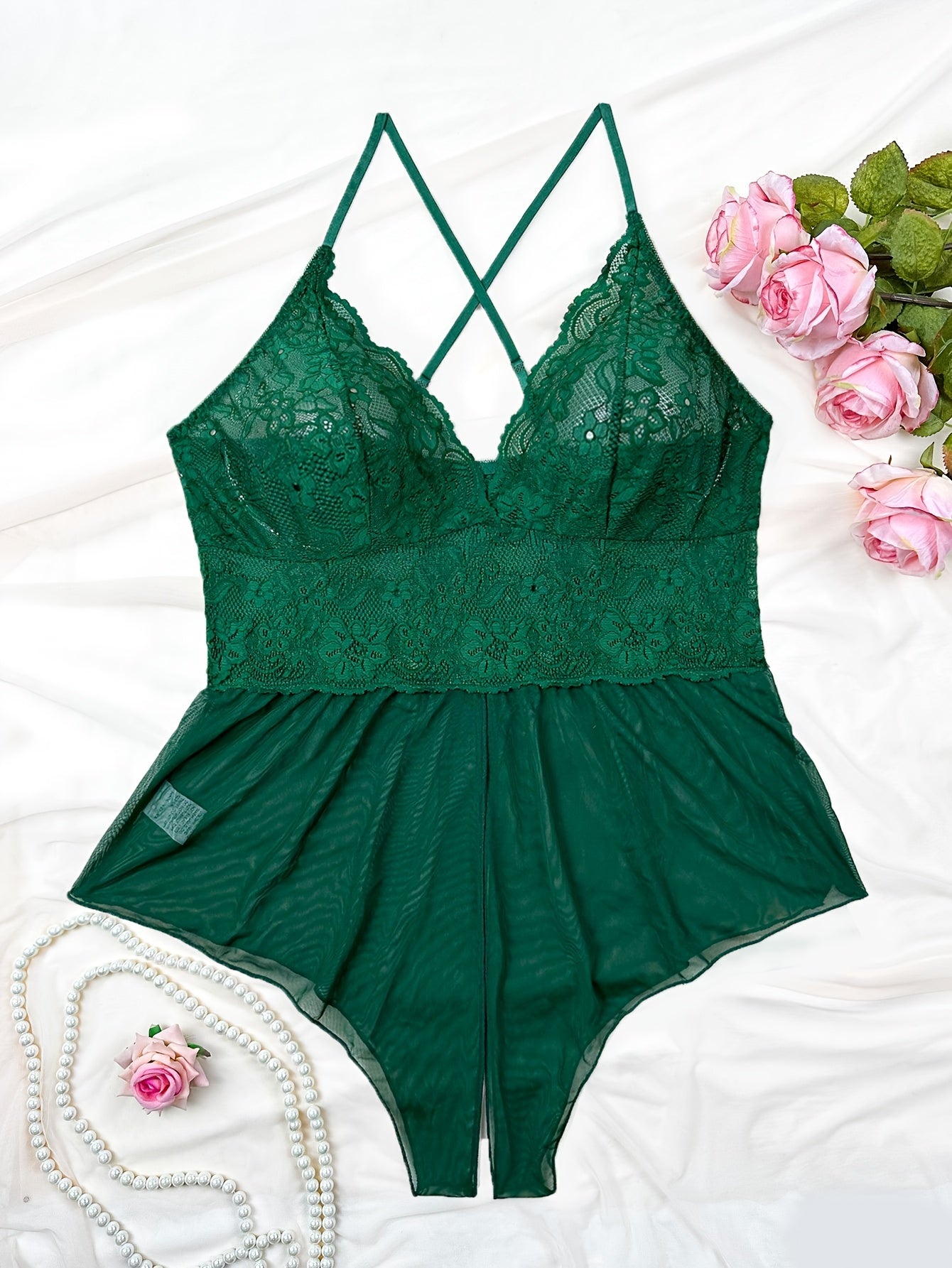 Plus Size Women's Lace Mesh One-Piece Swimsuit Emerald Green Semi-Sheer Adjustable Straps