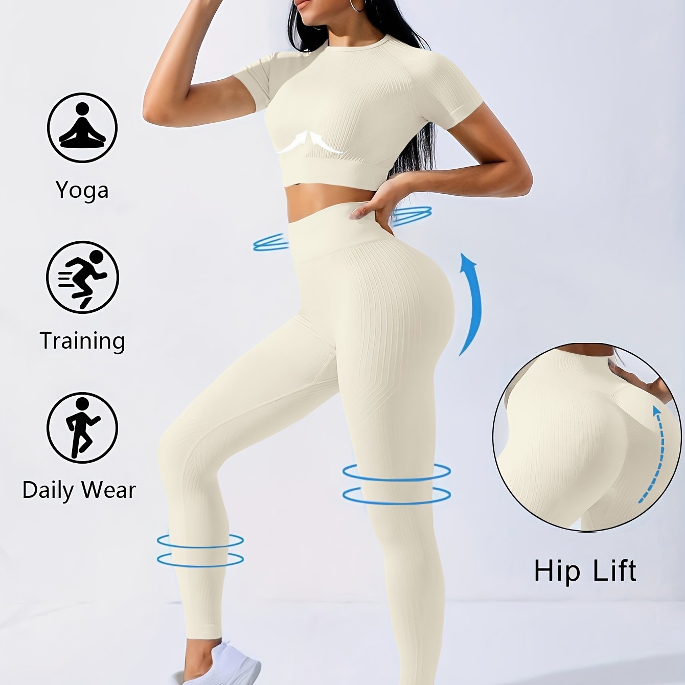 Women's Yoga Set Short Sleeve Crop Top High Waist Solid Color Activewear