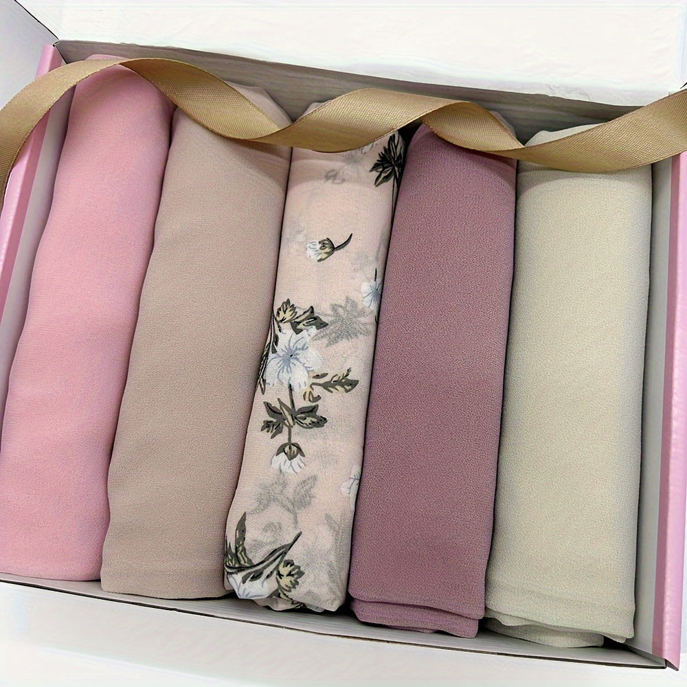 Boxed Muslim Headscarves Set with 5 Chiffon Solid and Printed Scarves and Clips