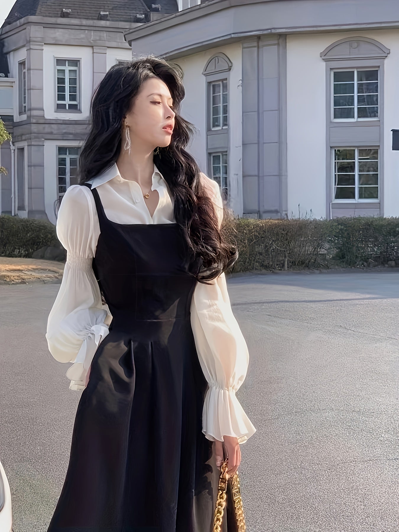 Women's Bubble Sleeve Dress Polyester Solid Color Elegant Flared Spring Summer Fall