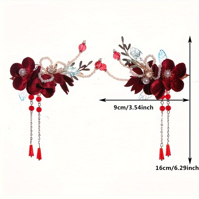 Ayollar uchun Qizil Velur Beadli Gul Sochlari va Tassel