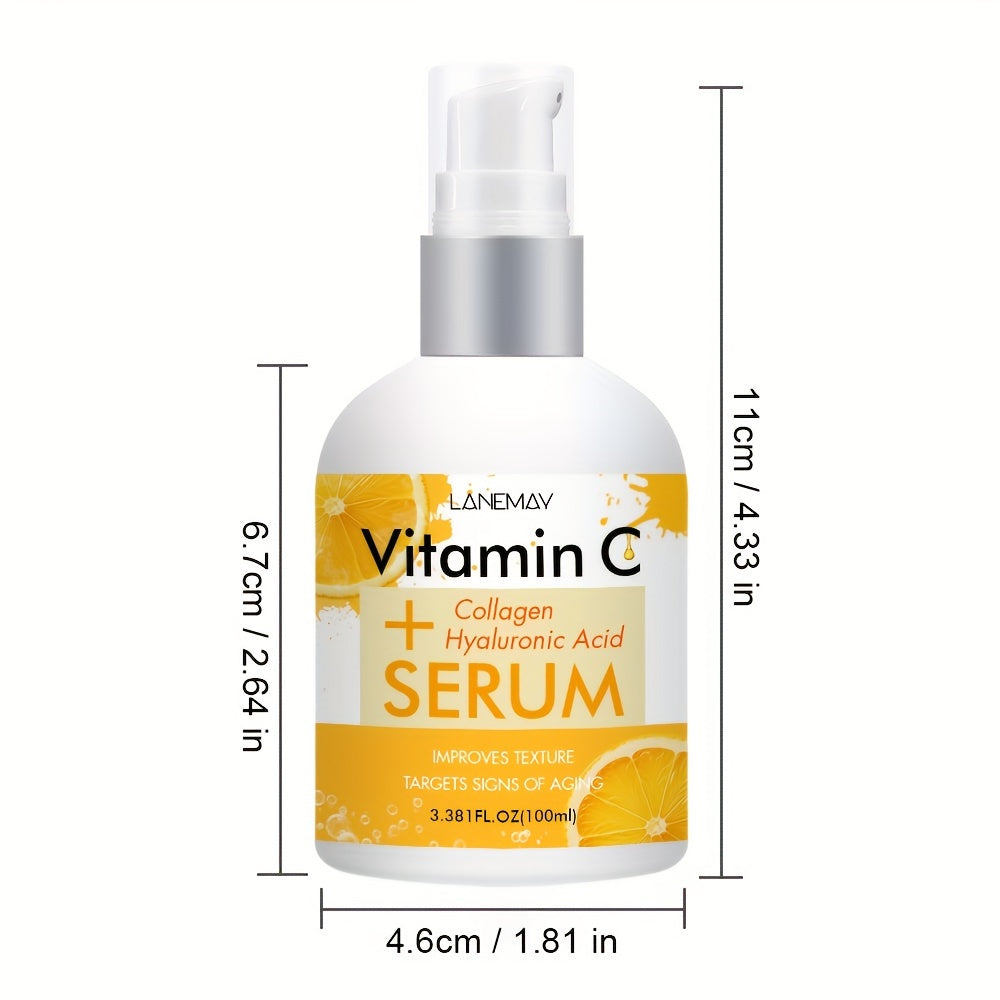 Lanemay Vitamin C va Kollagen Serumi: Namlantiruvchi, Yorituvchi va Gippoallergen, barcha teri turlari uchun mos. 3.4 fl. oz. shishada Gialuron kislotasi va Glicerin mavjud.
