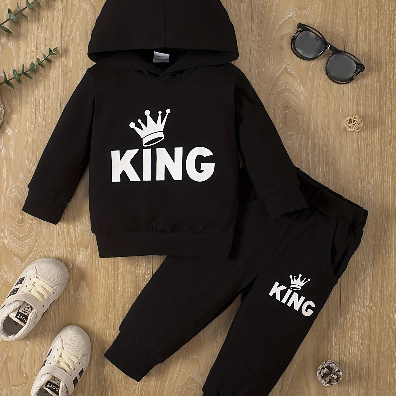 Baby Boy's Casual Outfit Set Cotton Hooded Sweatshirt and Pants with KING Print