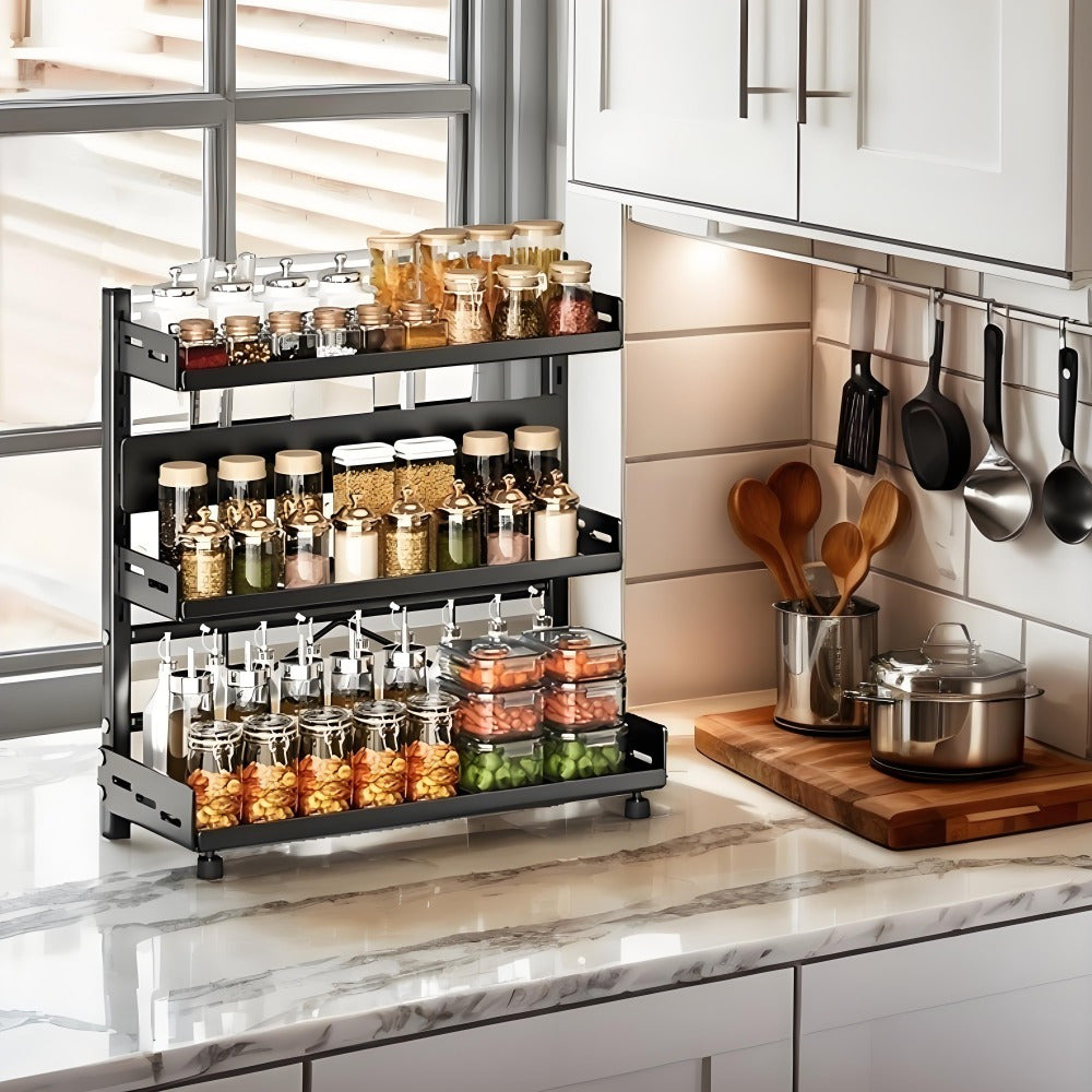 Tiered Metal Spice Rack Organizer for Countertop Storage, Sturdy Kitchen Jars