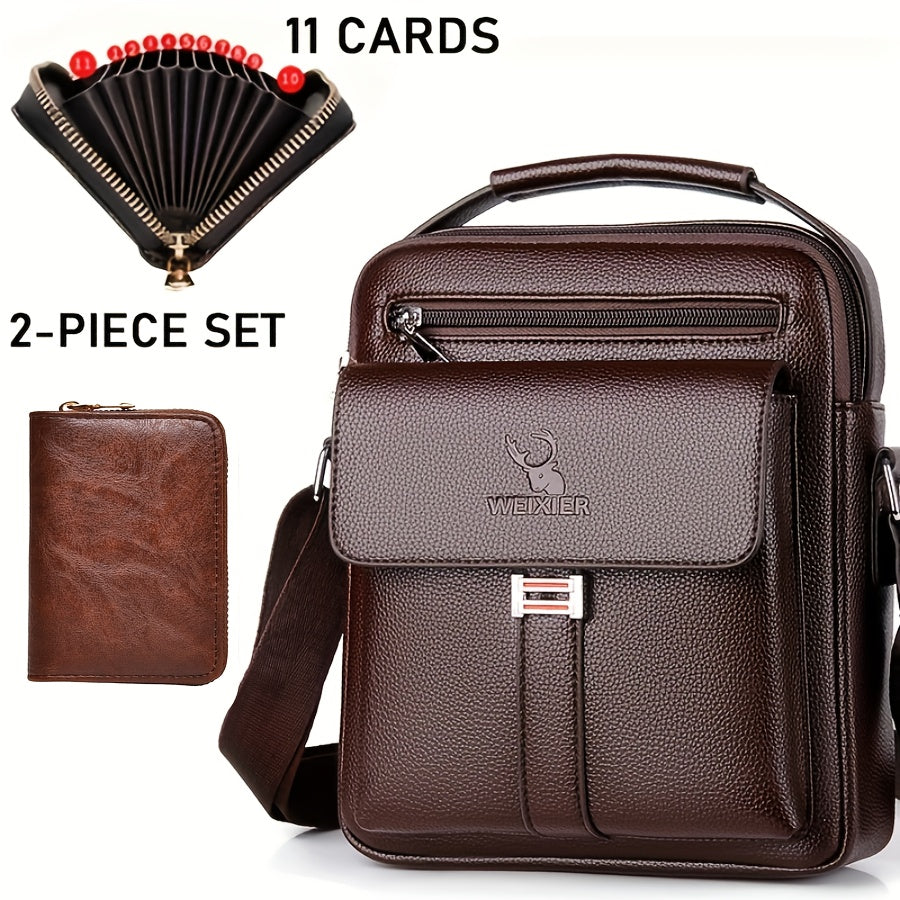 Men's Vintage Business Casual Shoulder Bag Black with Multiple Compartments and Zippered Pockets