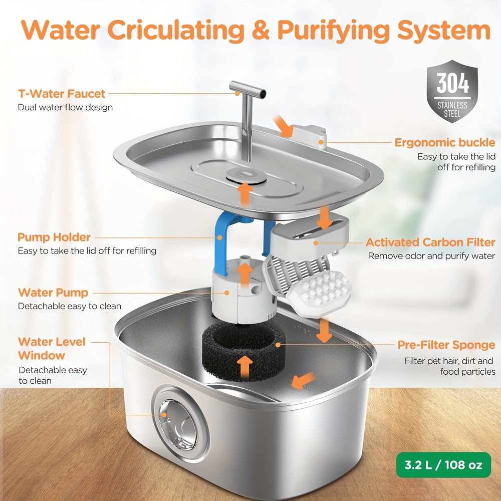 3.2L Stainless Steel Cat Water Fountain with Water Level Window and Quiet Pump