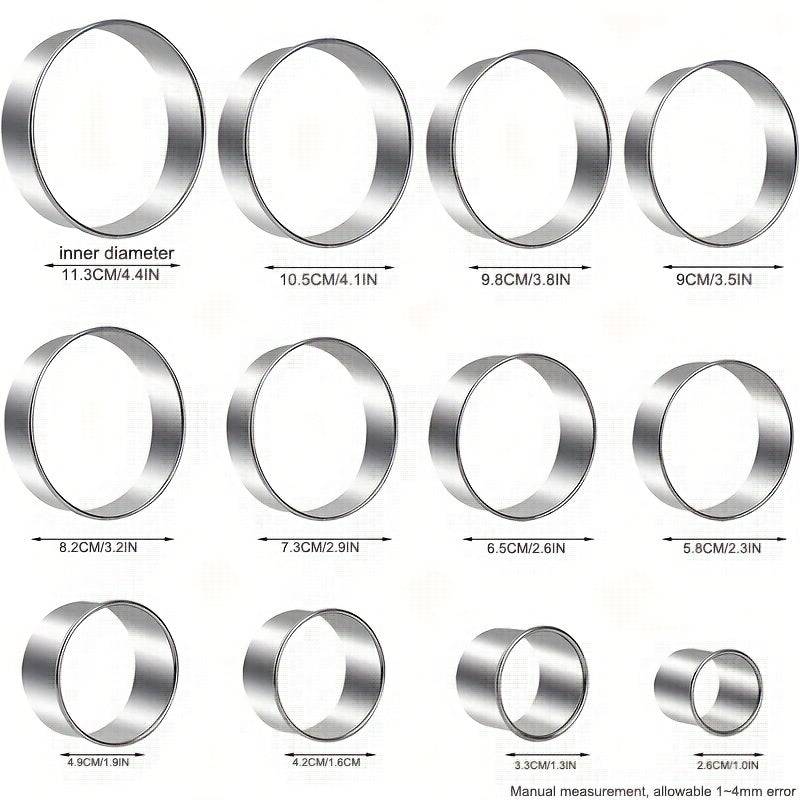 Set of 12 Stainless Steel Cake Mold Rings for Baking Mousse Cakes Cookies Pancakes