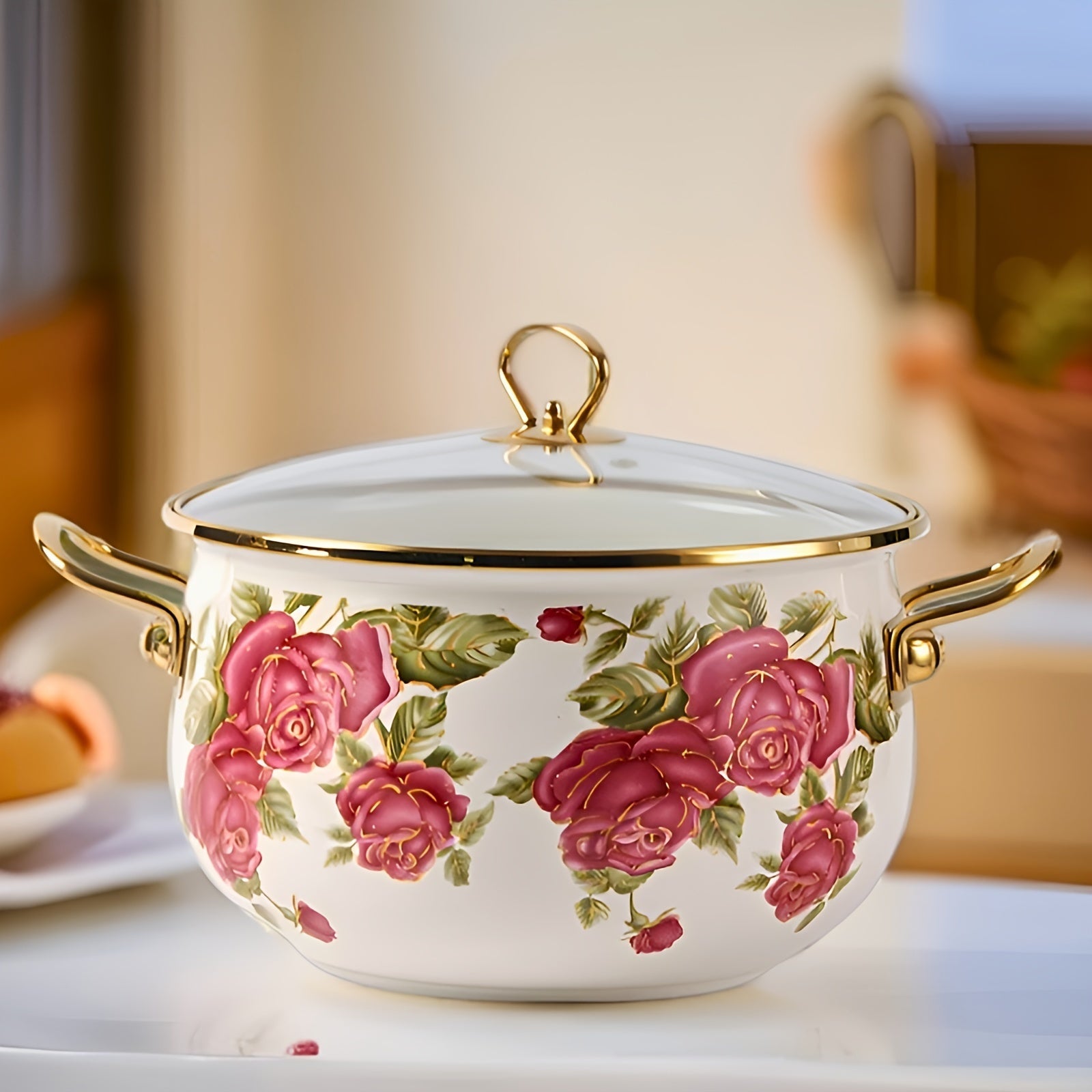 Olla con asa dorada y diseño de esmalte con flor de rosa, incluye tapa de cristal, múltiples tamaños