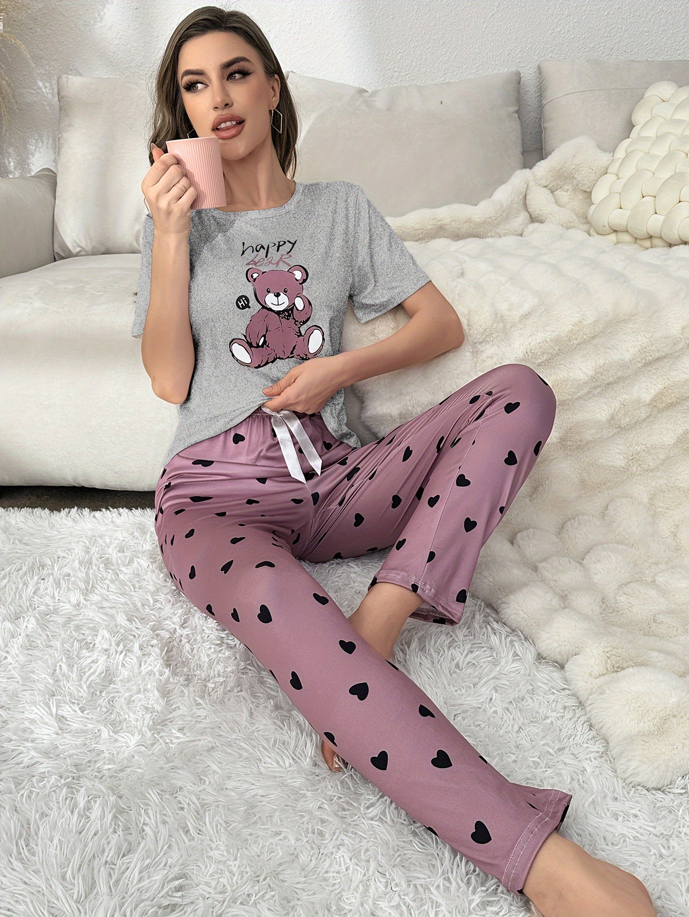 Women's Cartoon Bear Pajama Set Short Sleeve Top Elastic Waist Pants Sleepwear for Adults