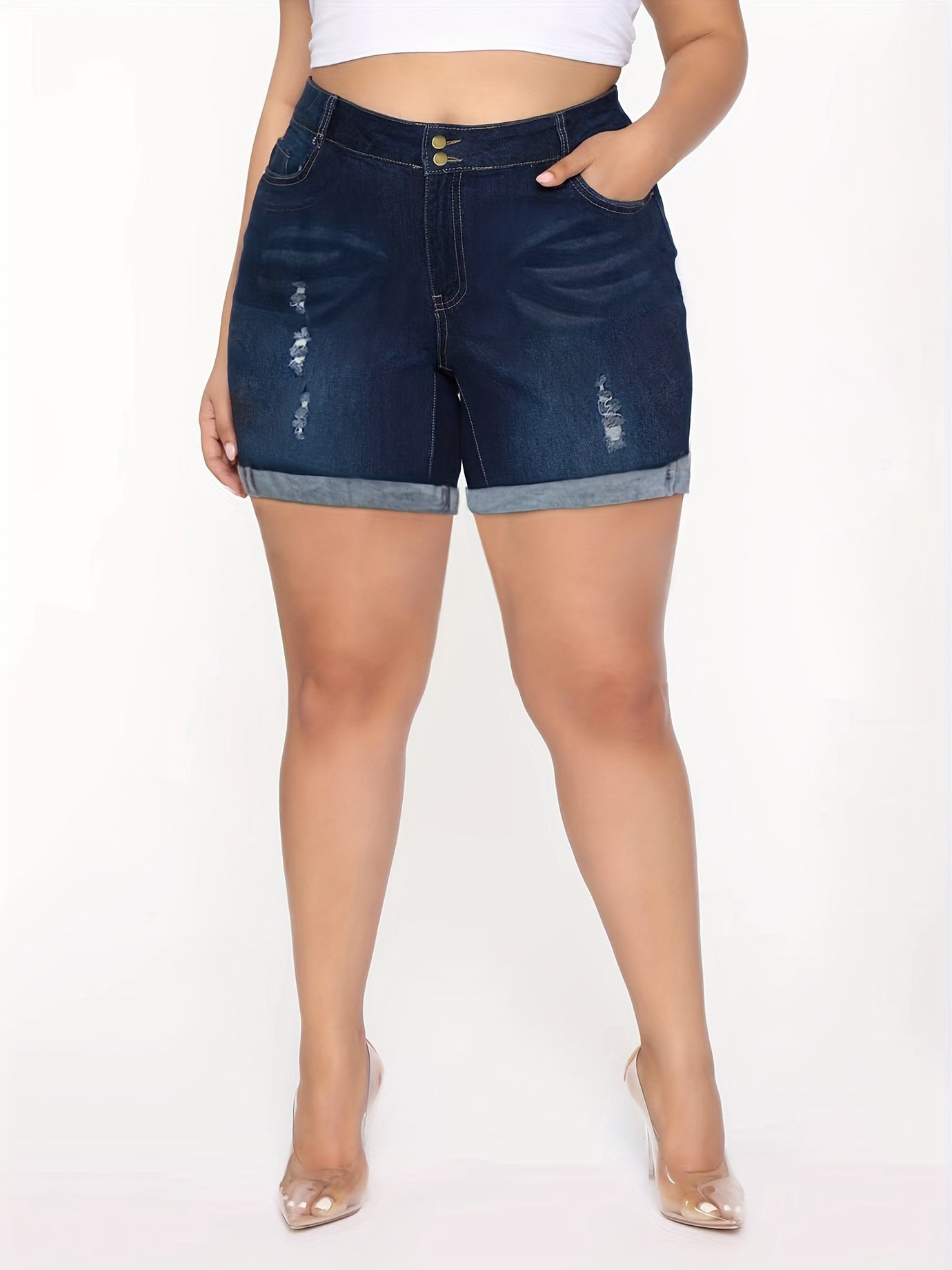 Plus Size Women's Denim Shorts Ripped Mid-Stretch CuffedSummer Casual