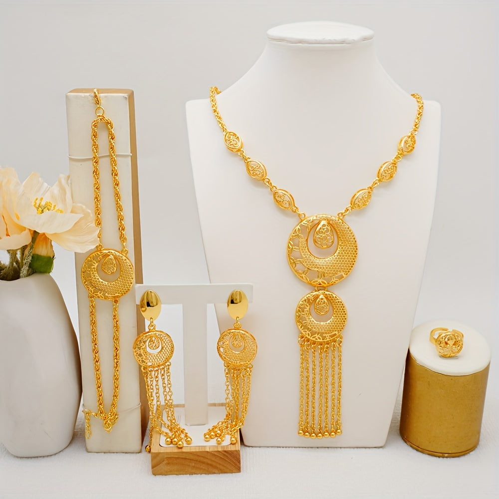 Elegant Gold Plated Jewelry Set with Tassel Necklace Earrings Bracelet Ring for Weddings