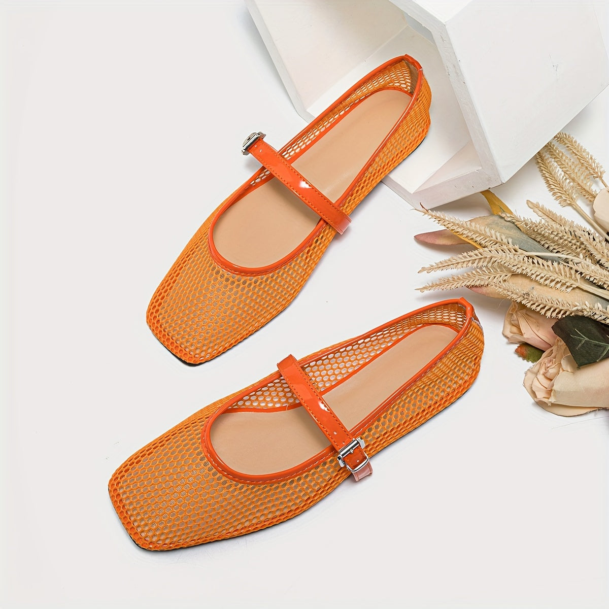 Women's Mesh Ballet Flats Square Toe Breathable Fabric Casual Slip-On Summer