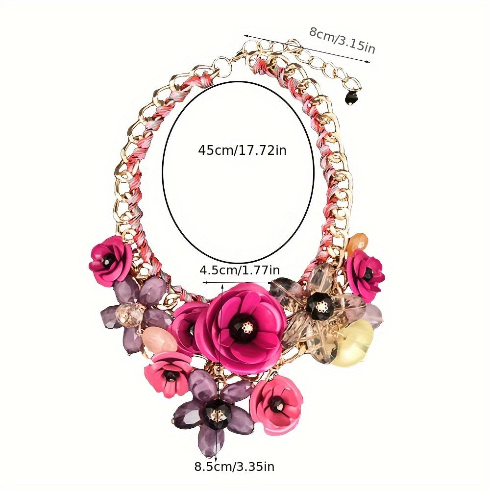 Women’s Metal Collarbone Chain Necklace with Floral Design and Crystal Pendant