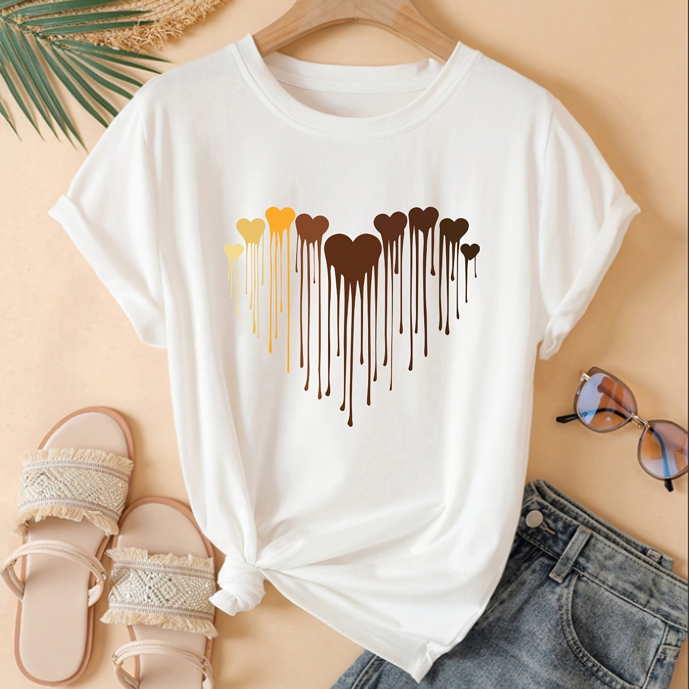 Women's Polyester Blend Crew Neck T-Shirt with Heart Print for All Seasons