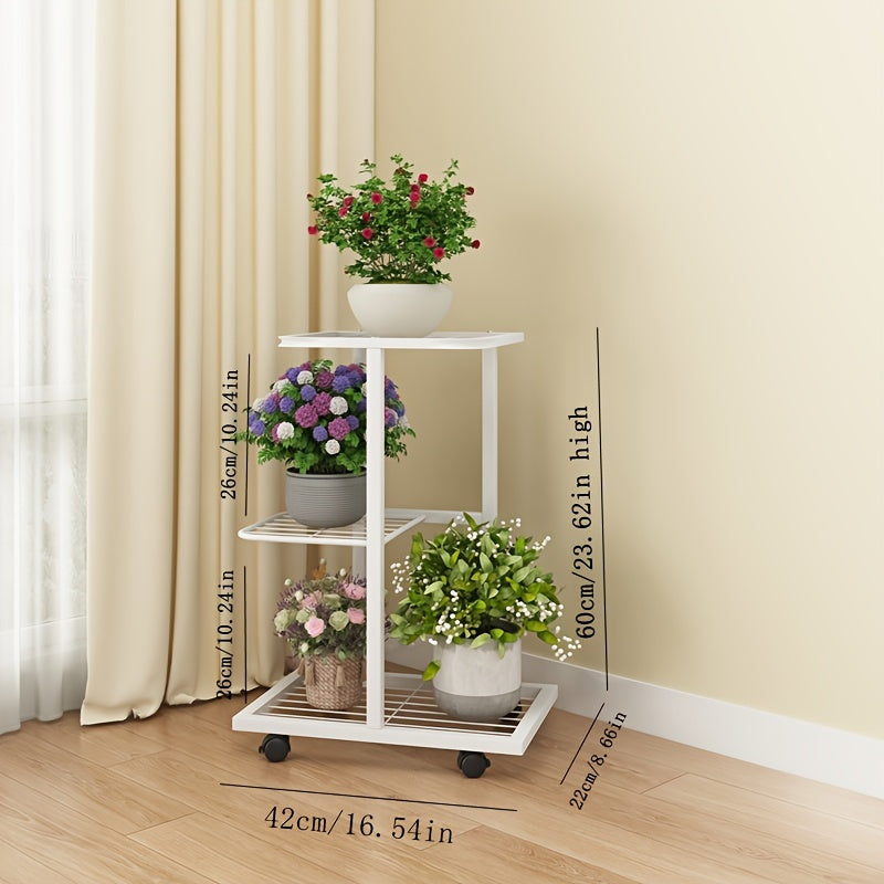 Metal Plant Stand on Wheels with Lacquered Finish and Plaid Pattern for Indoor Outdoor Use