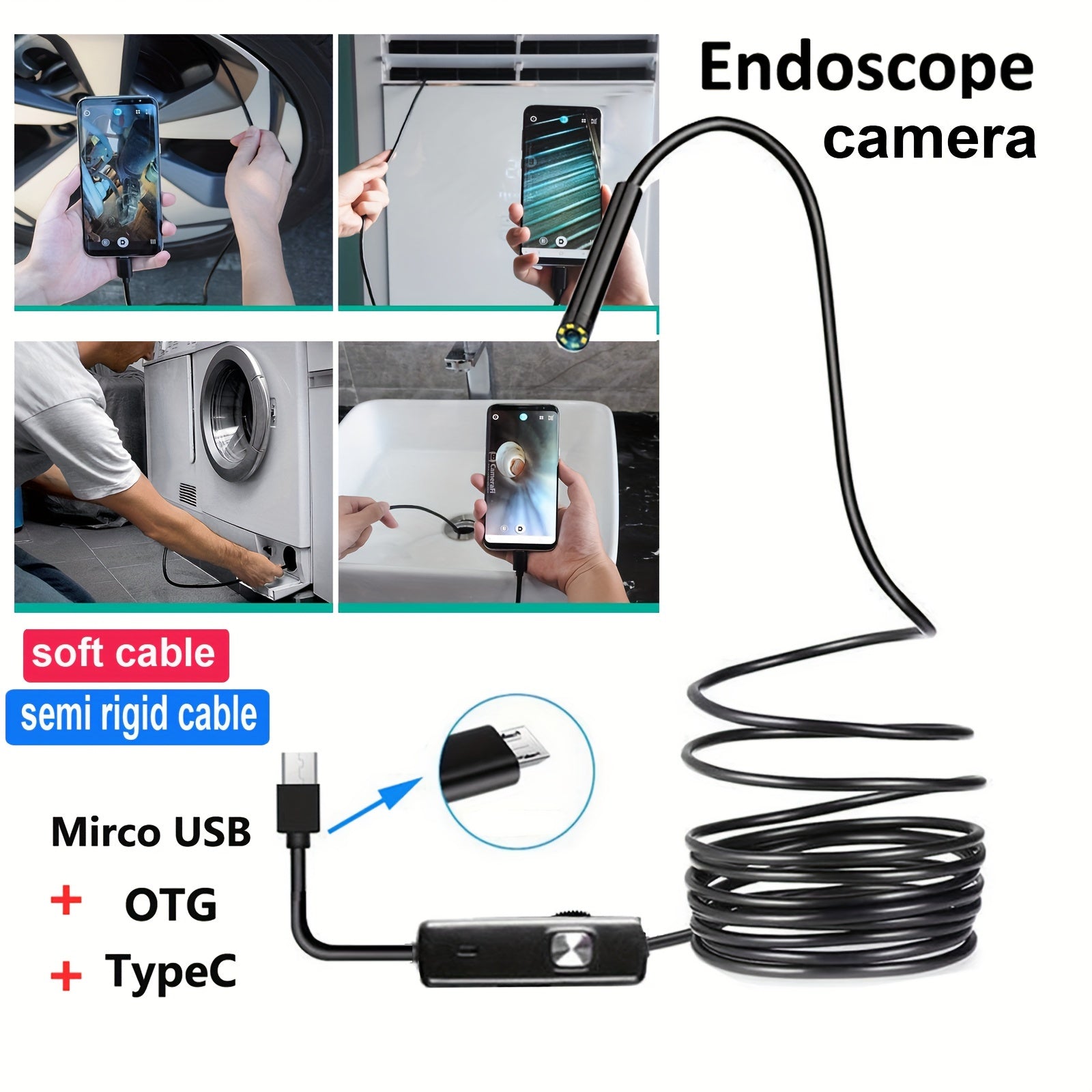 Industrial Endoscope Camera 5mm Diameter for Android Phones 1-10m Pipeline Inspection Automotive Repair Visual Inspection