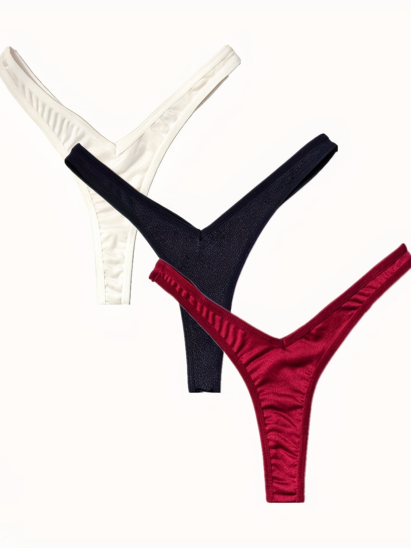 Set of 3 Women's Solid Color Low Waist Stretchy V-String Thongs Lingerie
