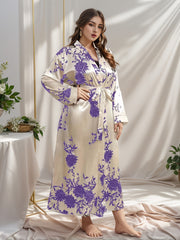 Bata de dormir de satén con estampado floral para mujer talla plus, de manga larga y abertura frontal