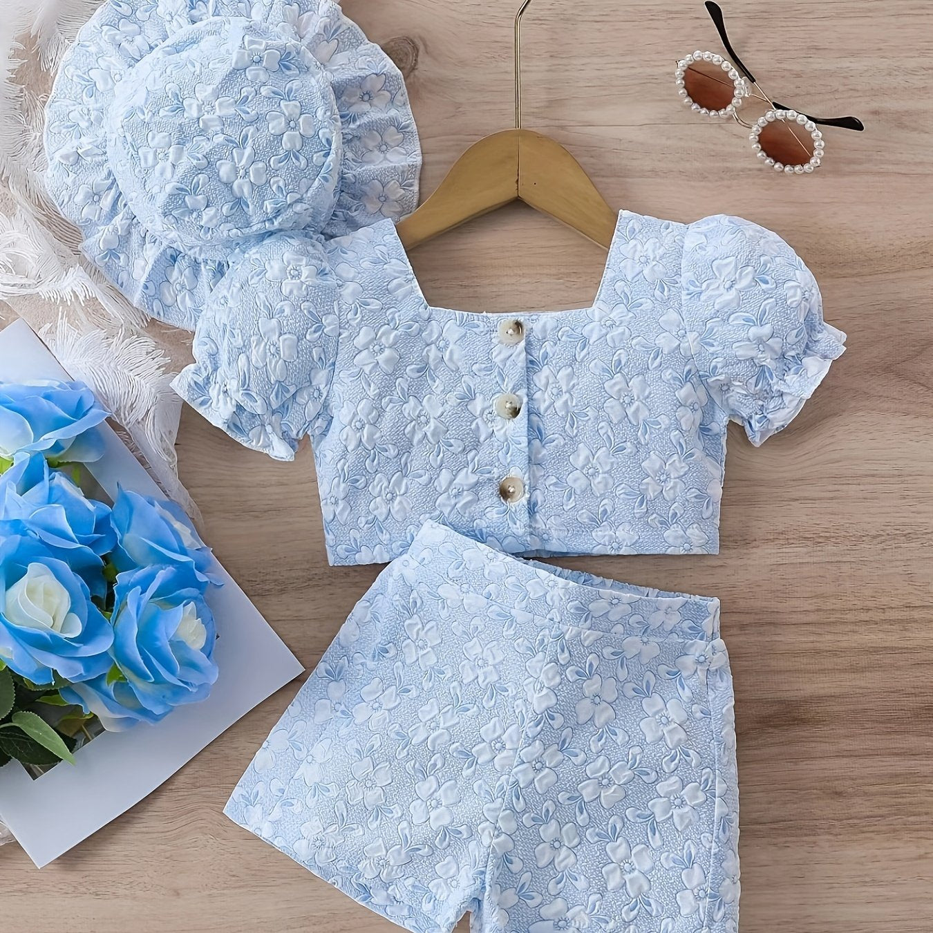Baby Girls Summer Outfit Floral Jacquard Puff Sleeve Crop Top Shorts Hat Casual 12 Months