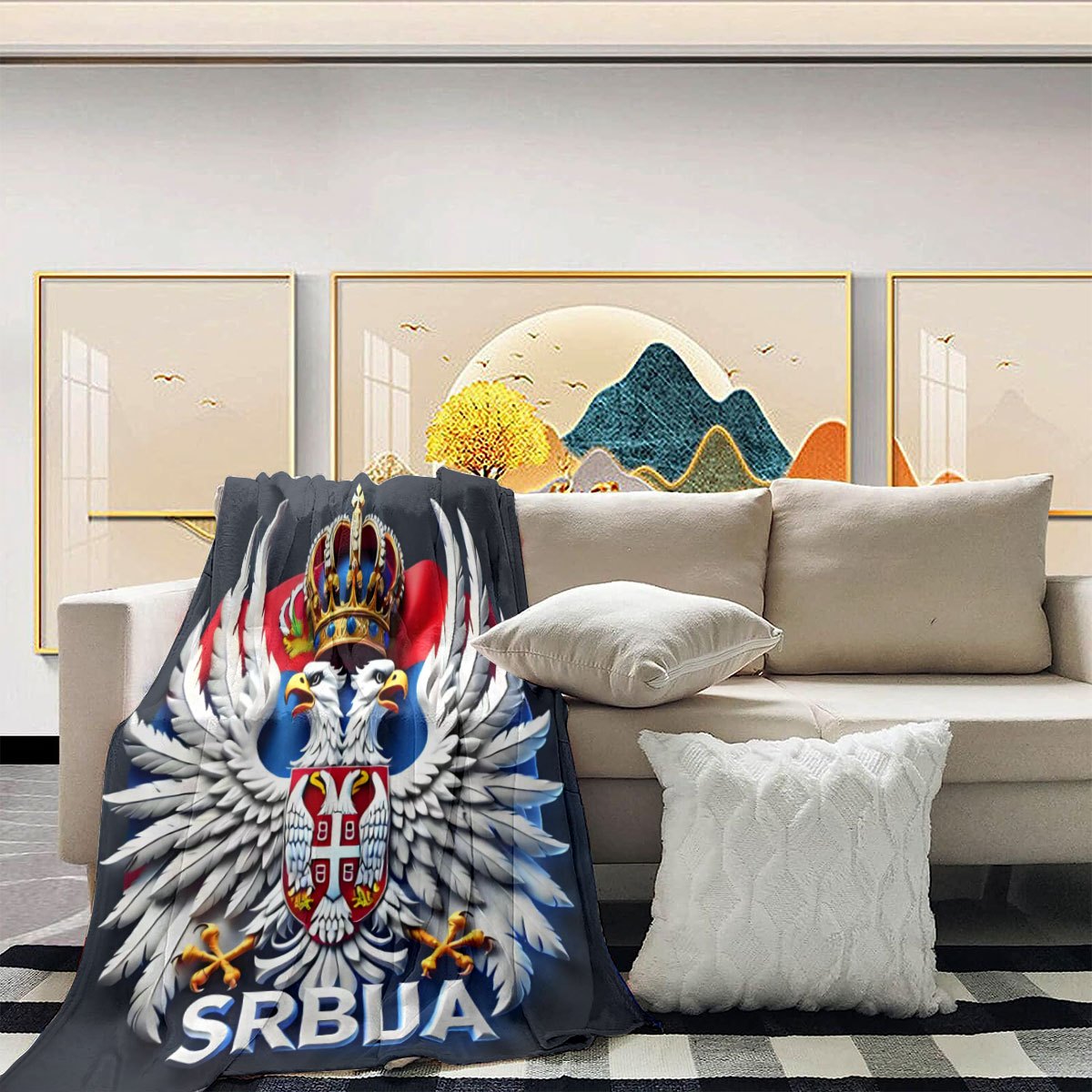 Polyester Flannel Throw Blanket with Serbian Double Eagle Crown Digital Print Lightweight Cozy Stain-Resistant for Home Travel