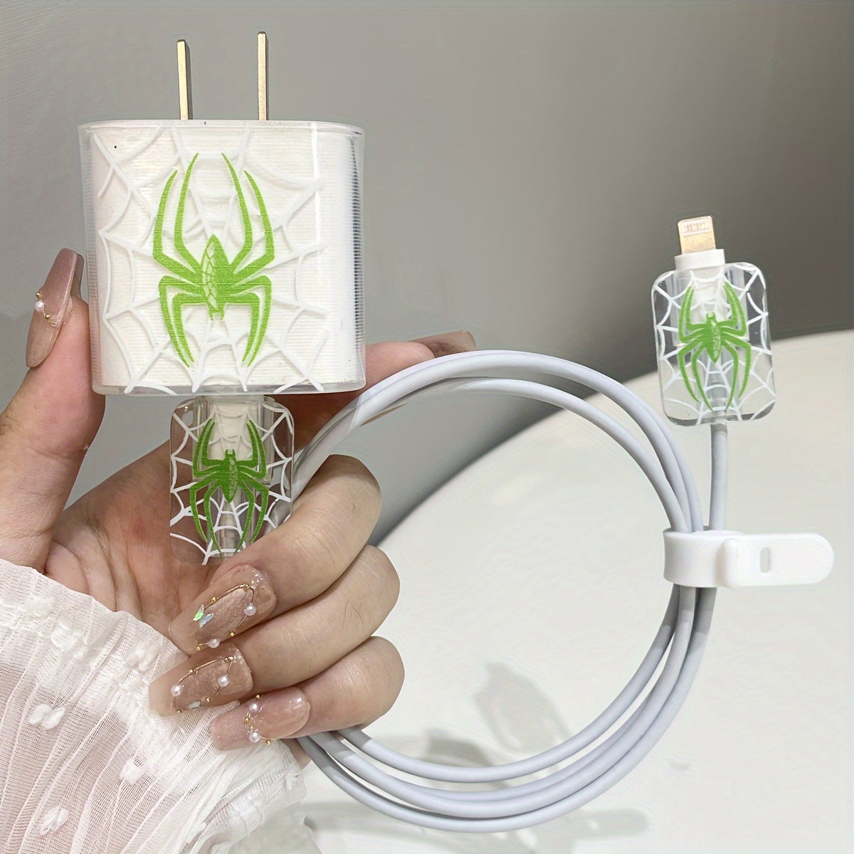 TPU Spider Pattern Charger and Cable Protector Set for iPhone 20W Adapter Durable Port Cover