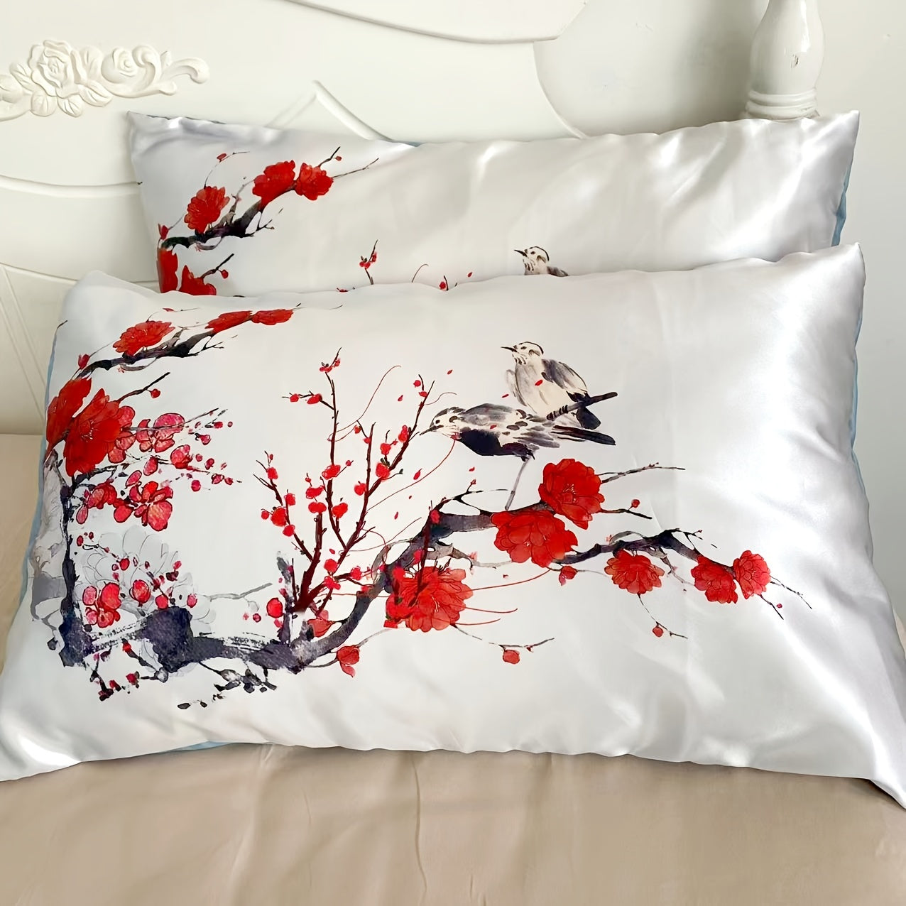 Set of 2 Satin Pillowcases with Floral Bird Patterns Reversible Envelope Closure