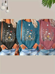 Women's Floral Print Crew Neck T-Shirts, Long Sleeve Polyester Tops