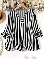 Women's Striped V-Neck Blouse with Lace-Up Cuff Sleeves for Spring and Fall