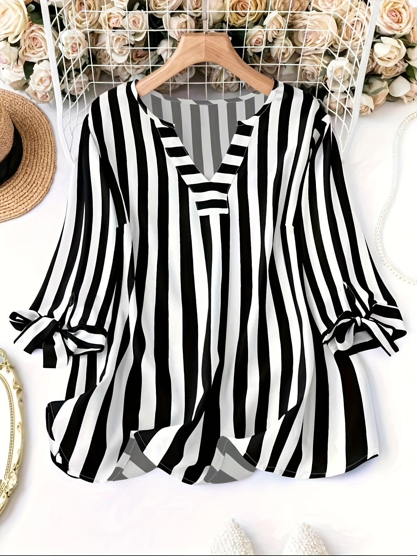 Women's Striped V-Neck Blouse with Lace-Up Cuff Sleeves for Spring and Fall