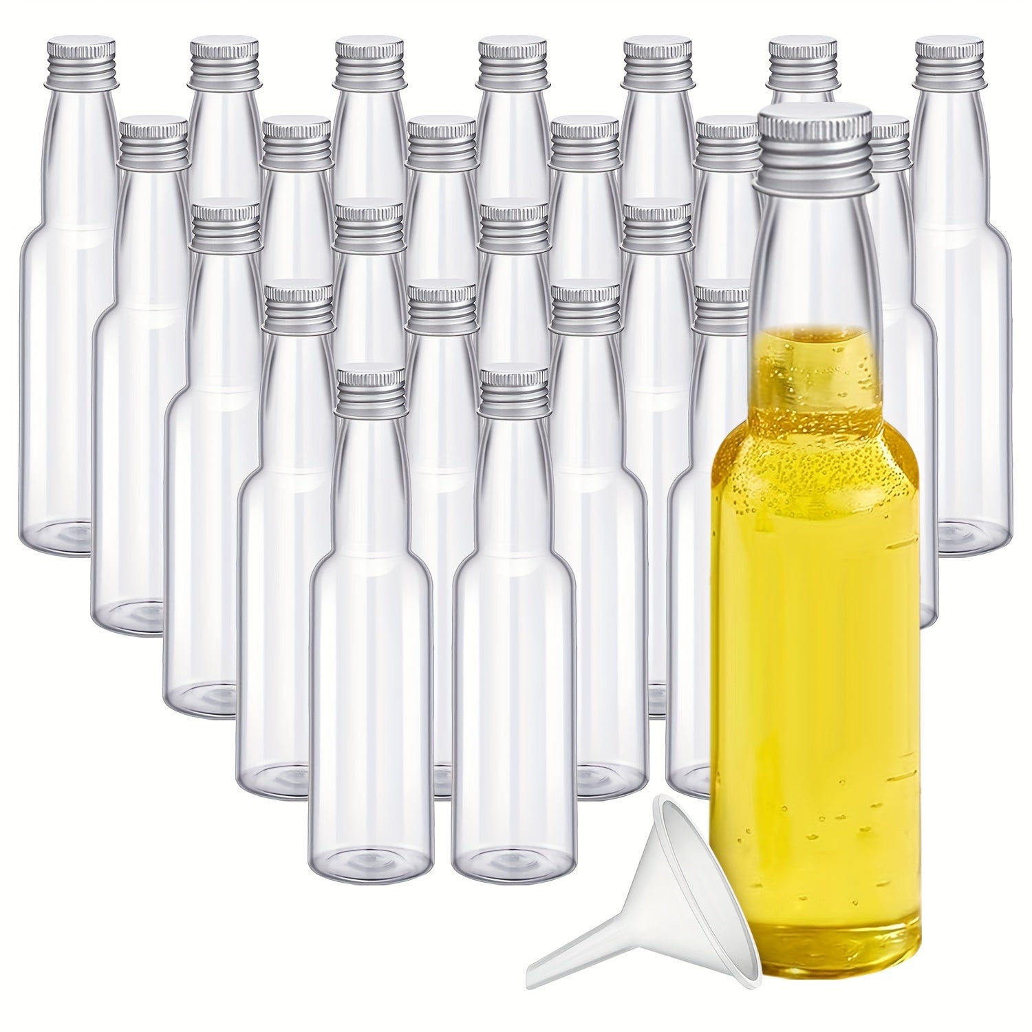 Set of 24 Reusable PET Plastic Juice Bottles 60ml 100ml 150ml with Lids and Funnel