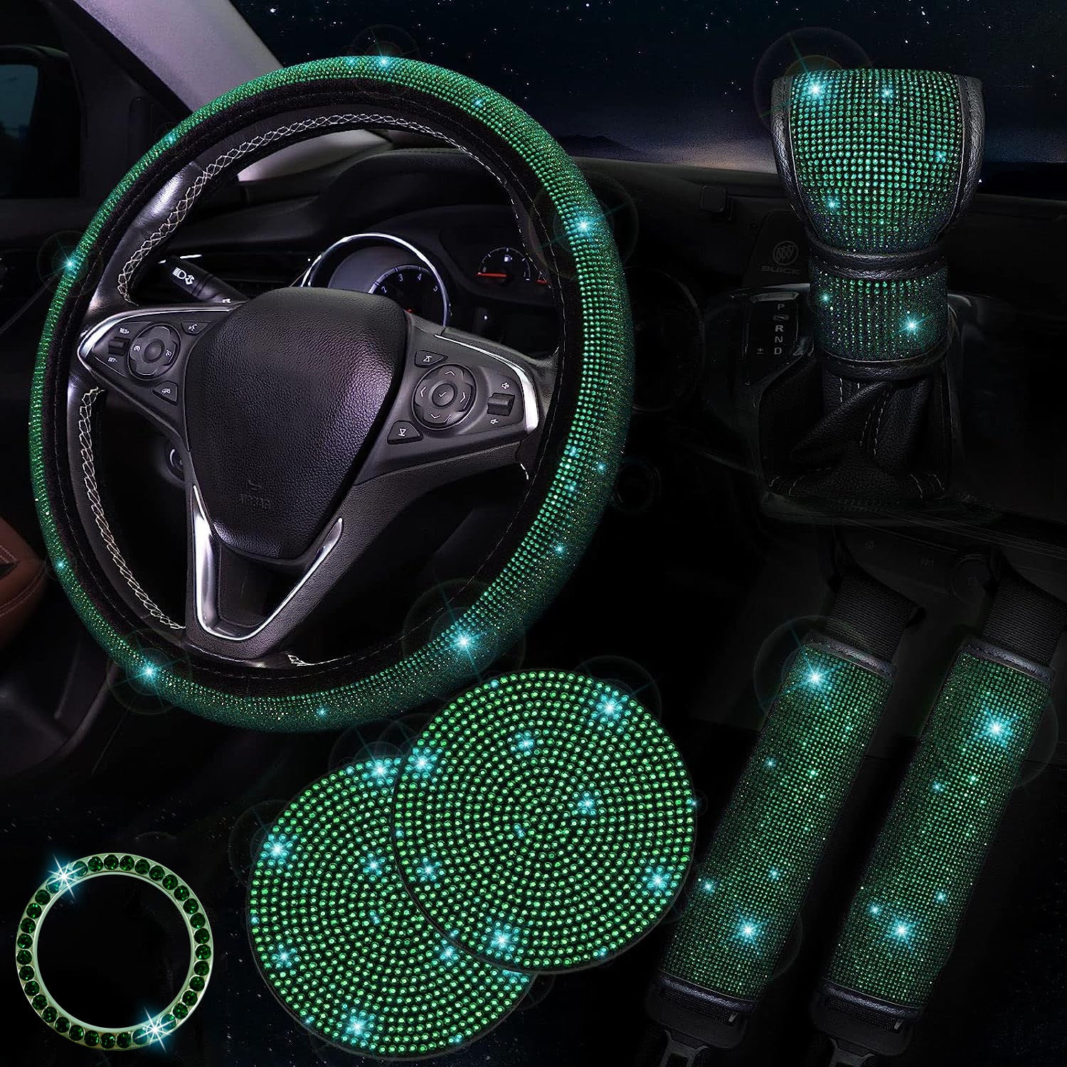 Juego de accesorios de coche con brillo para mujer: cubierta de volante, posavasos, protectores de cinturón, almohadillas para el hombro y cubierta de palanca de cambios