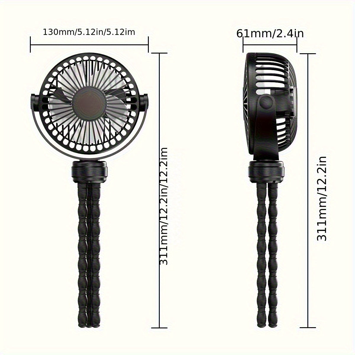 Portable Handheld Fan with Flexible Tripod Rechargeable 2000mAh Battery for Strollers Office Bedside Car Outdoor