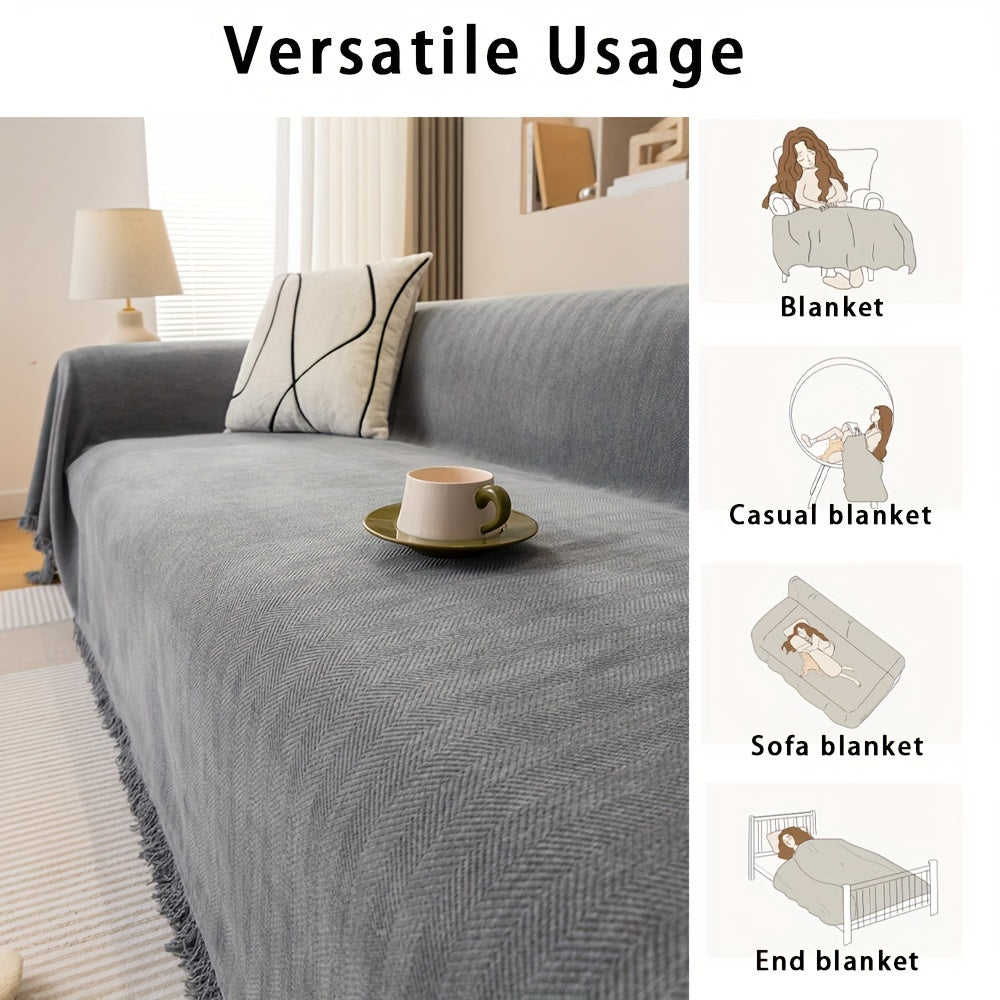 Chenille Sofa Cover with Herringbone Pattern Pet-Friendly Anti-Slip Dustproof Machine Washable Fits Armchair to 4-Seater Living Room