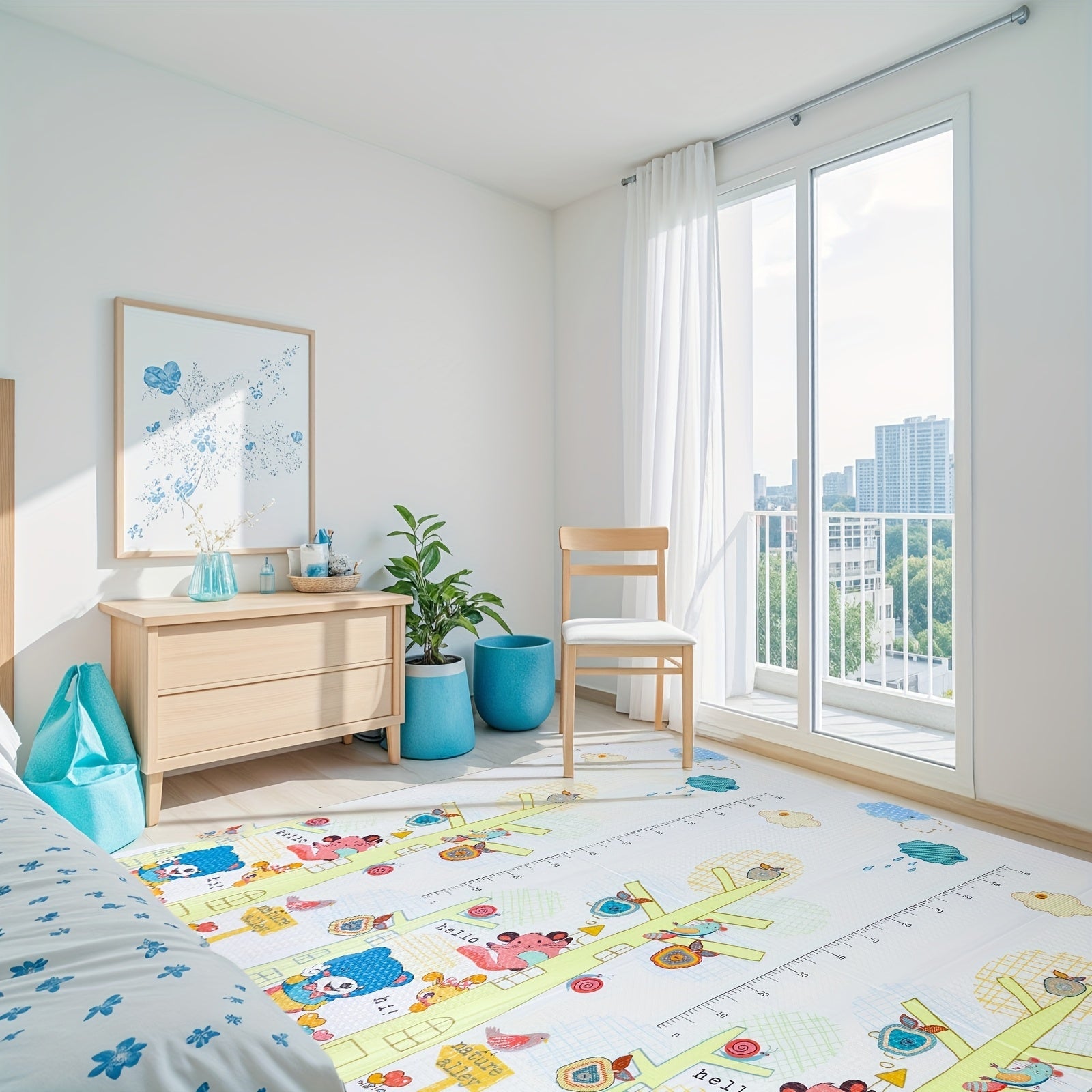Waterproof Play Mat for Crawling and Walking Blue Cartoon Animal Design Non-Slip Foldable Nursery Floor Mat