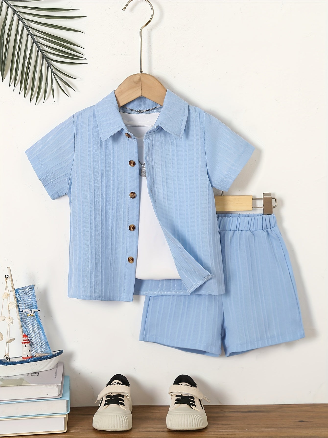 Boy's Summer Cotton Button Shirt and Shorts Set Age 12 and Under