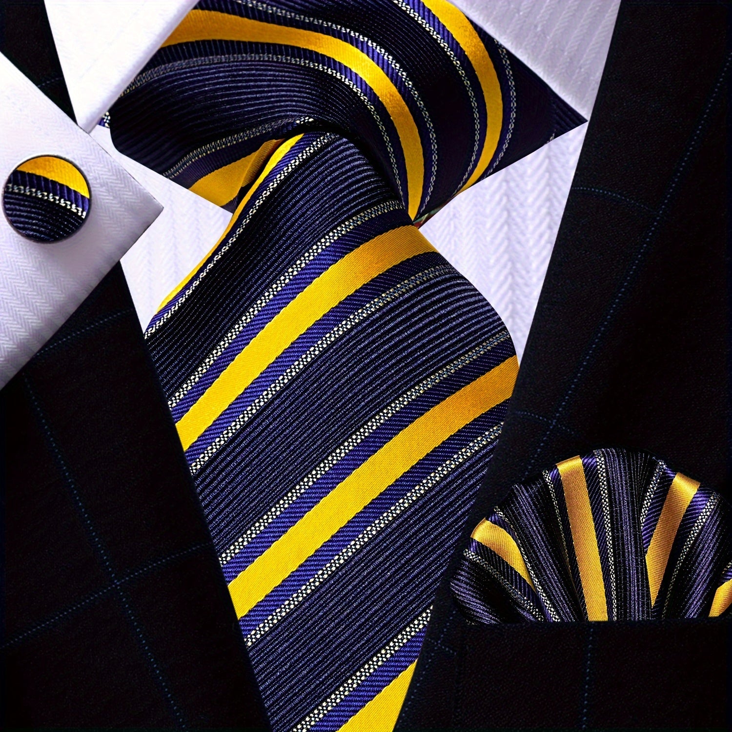 Men's Gold Accessories Set Tie Pocket Square Cufflinks for Weddings Business