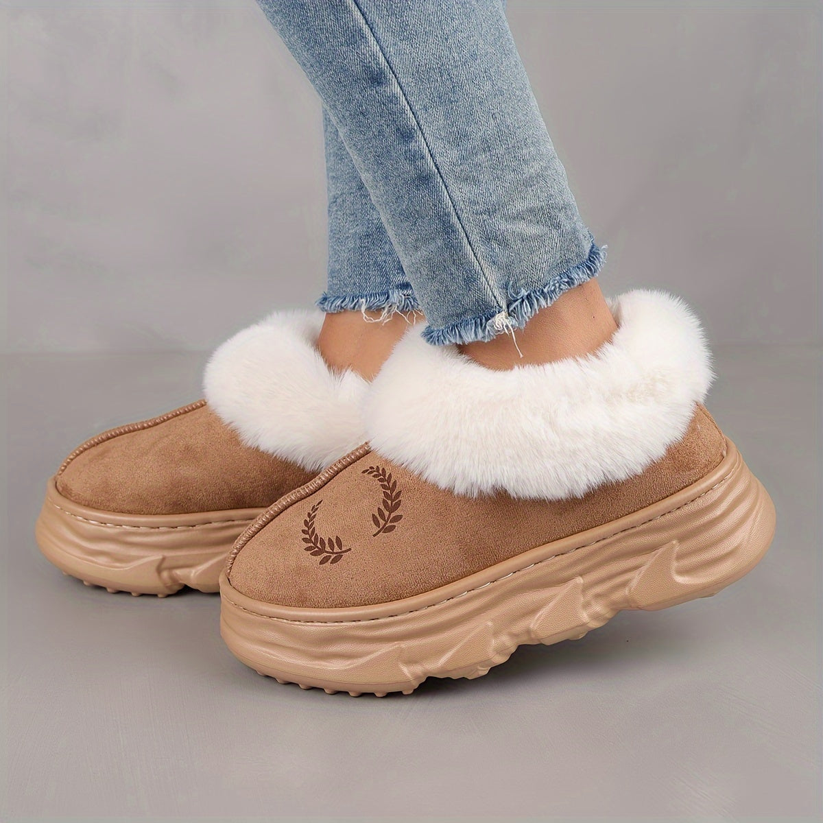 Couples Winter Slippers Plush Lined Thick Sole Snow Boots with Cartoon Design