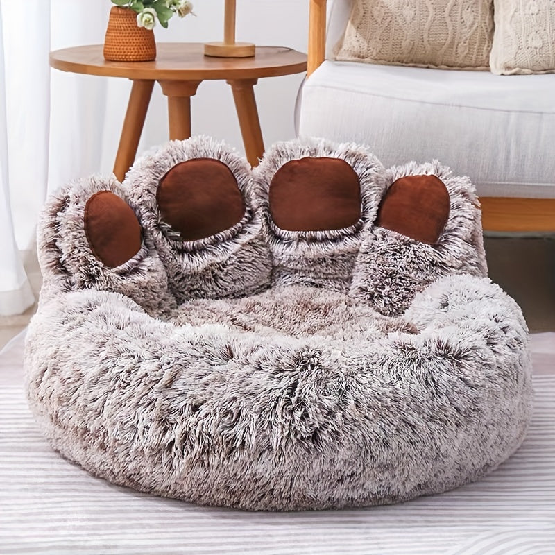 Pet Paw-Shaped Round Dog and Cat Bed Gray Faux Fur Non-Slip Small Medium