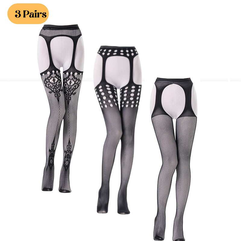 Women High Waist Suspenders Black Lace Polka Dot Stretchy Semi-Sheer 3 Pairs