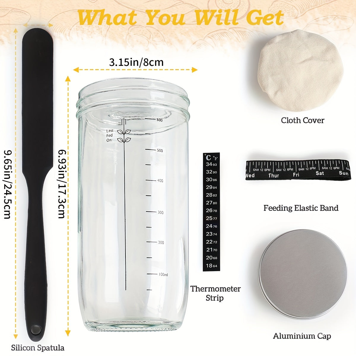24oz Glass Fermentation Jar Set with Scale Lid Spatula for Bread Dough and Fermentation