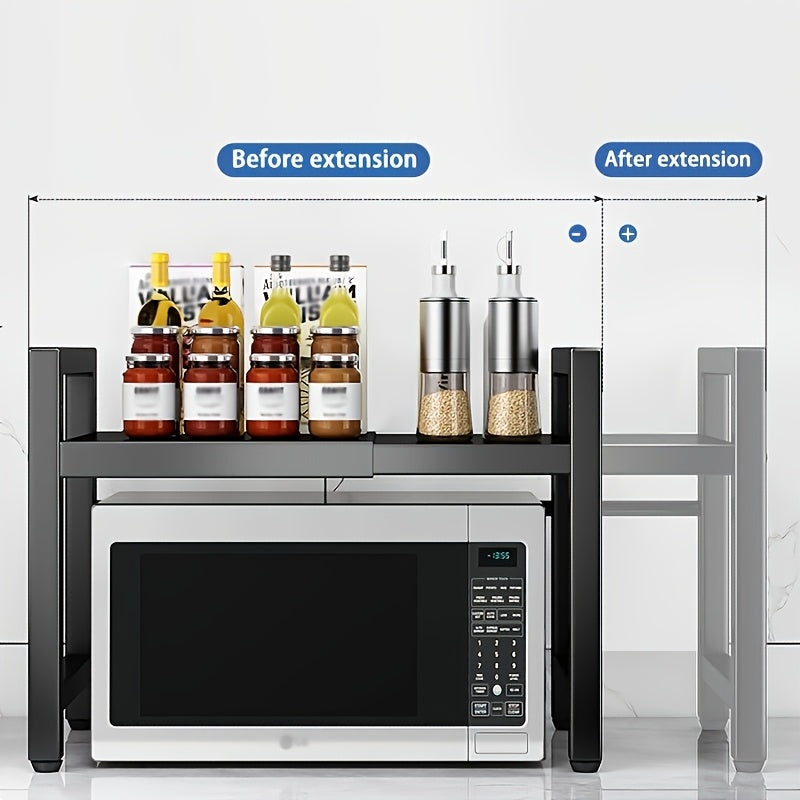 Black Expandable Kitchen Microwave Rack with Hooks and Utensil Storage 37-61cm