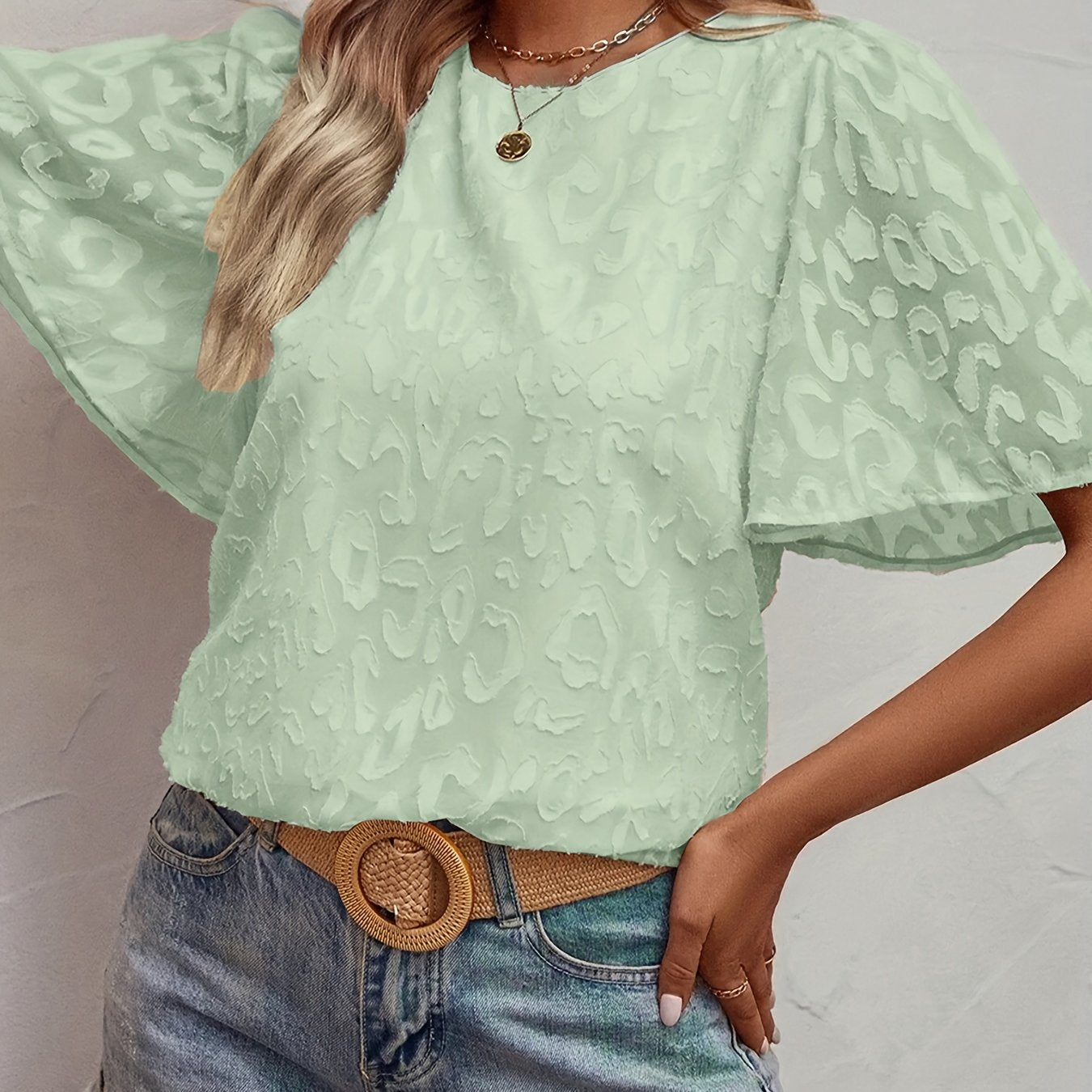 Women's Beige Jacquard Blouse with Butterfly Sleeves Elegant Style